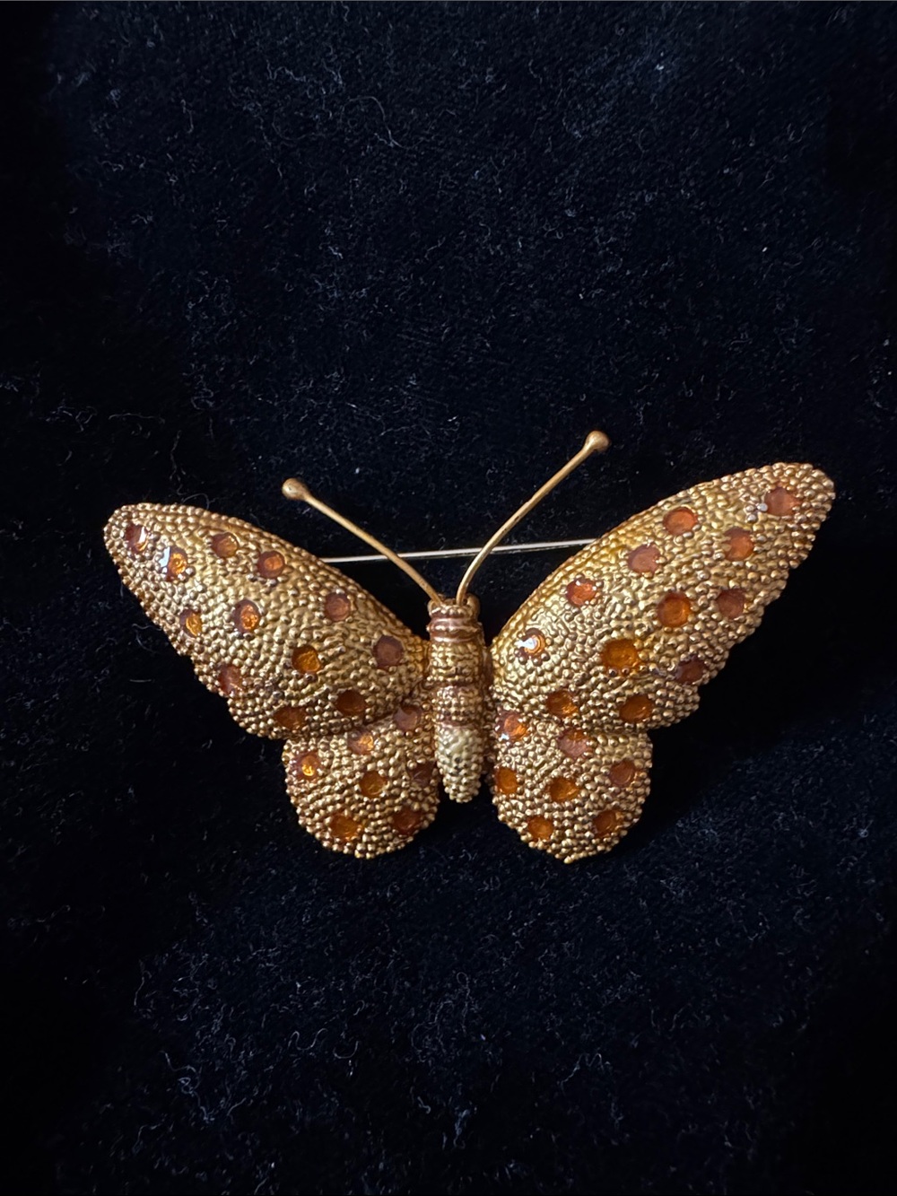 Vintage Gold-Tone Butterfly Brooch with Amber Rhinestones